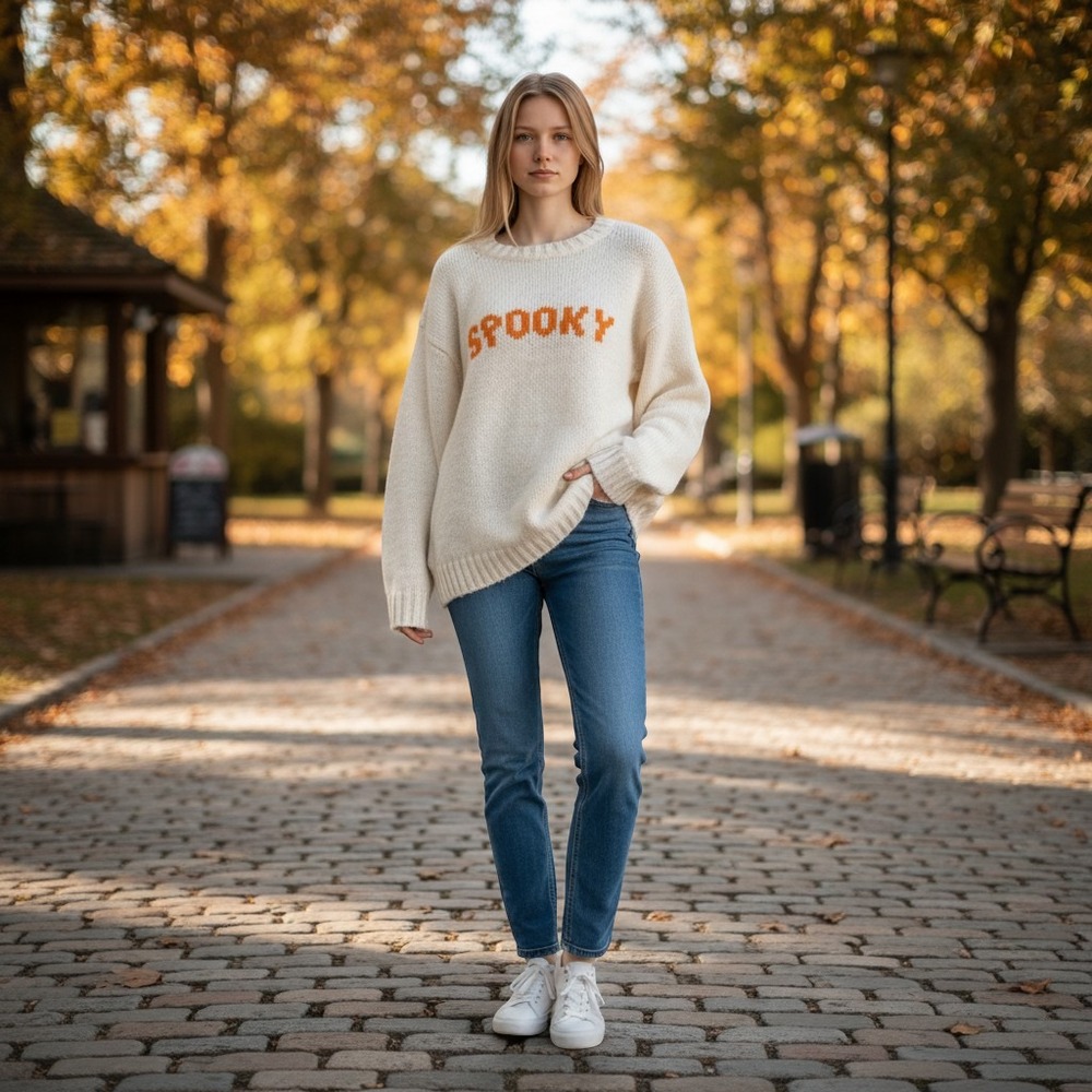 New Wooden Ships Sweater Women M/L Cream Spooky Crew Knit Halloween K51Y2W939